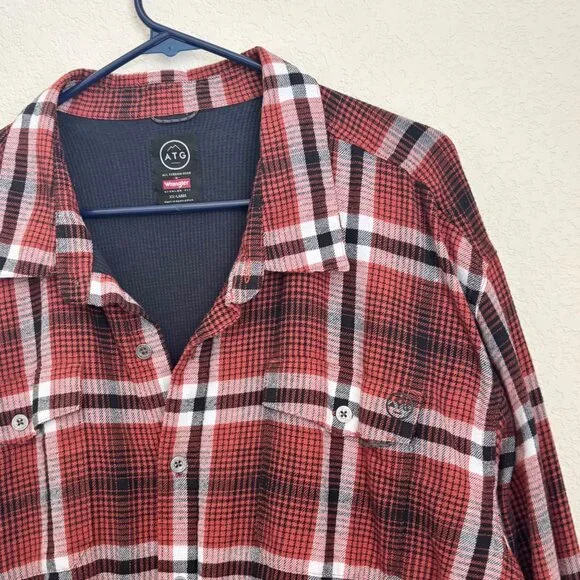 Wrangler ATG Mens Red Plaid Button-Up Heavyweight Flannel Shirt 2XL Outdoor - Picture 3 of 8